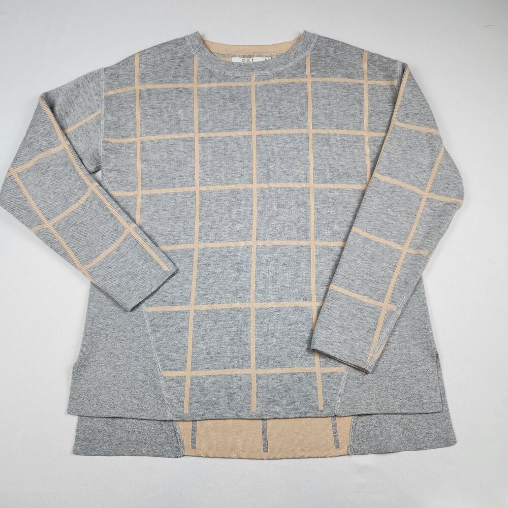Ost Windowpane Pull-Over Sweater Womens XS Gray/Tan Cotton Blend Stretch Casual